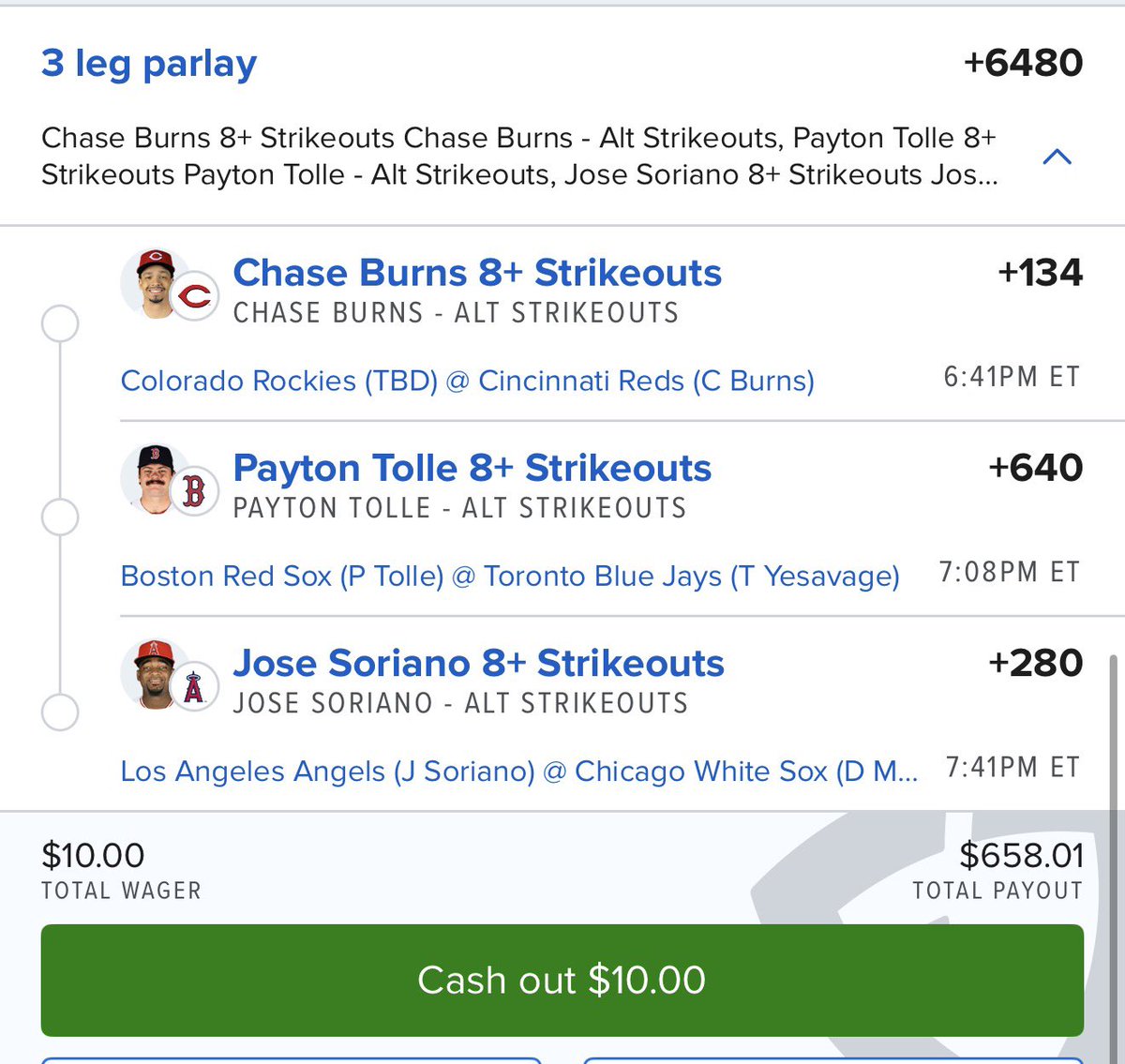 Akalskii's tweet image. Crazy 8s 🦾

Swing batter batter 💨

Burns 
Tolle 
Soriano 

Peep the receipt 🧾

#mlb #fanduel #Gambling𝕏 #reds #redsox #angels
