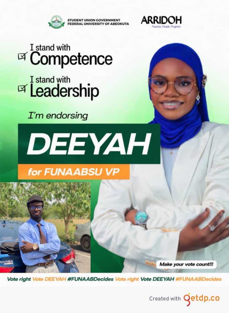 officialarridoh's tweet photo. Leadership is not about influence, it’s about impact.
Competence is not a promise, it’s a proven track record.
That’s why we are confidently endorsing DEEYAH for FUNAABSU Vice President.
Vote wisely. Vote competence. Vote DEEYAH.
#FUNAABDecides

1/ https://t.co/qkK1Vft4d6