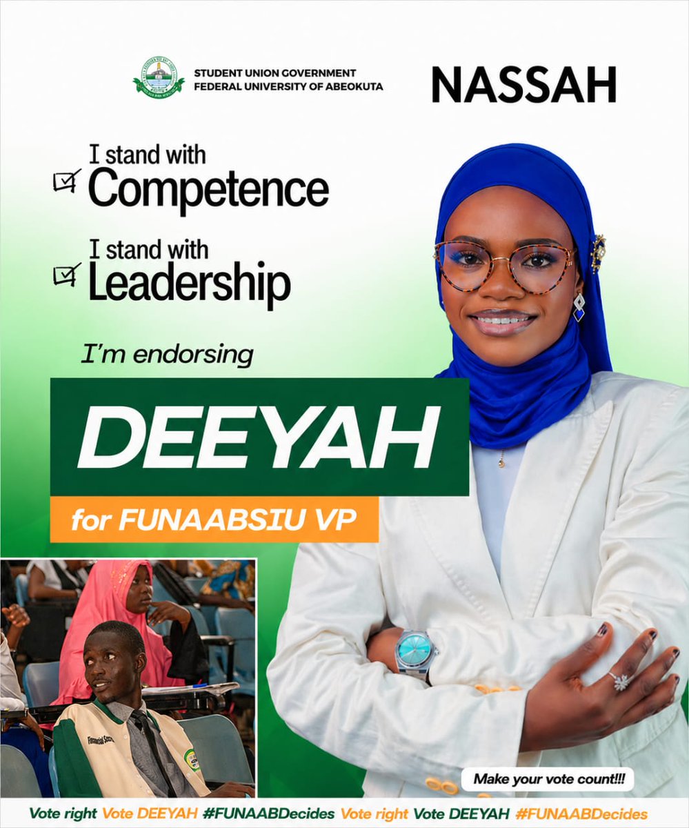 officialarridoh's tweet photo. Leadership is not about influence, it’s about impact.
Competence is not a promise, it’s a proven track record.
That’s why we are confidently endorsing DEEYAH for FUNAABSU Vice President.
Vote wisely. Vote competence. Vote DEEYAH.
#FUNAABDecides

1/ https://t.co/qkK1Vft4d6