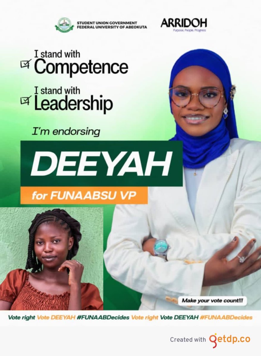 officialarridoh's tweet photo. Leadership is not about influence, it’s about impact.
Competence is not a promise, it’s a proven track record.
That’s why we are confidently endorsing DEEYAH for FUNAABSU Vice President.
Vote wisely. Vote competence. Vote DEEYAH.
#FUNAABDecides

1/ https://t.co/qkK1Vft4d6