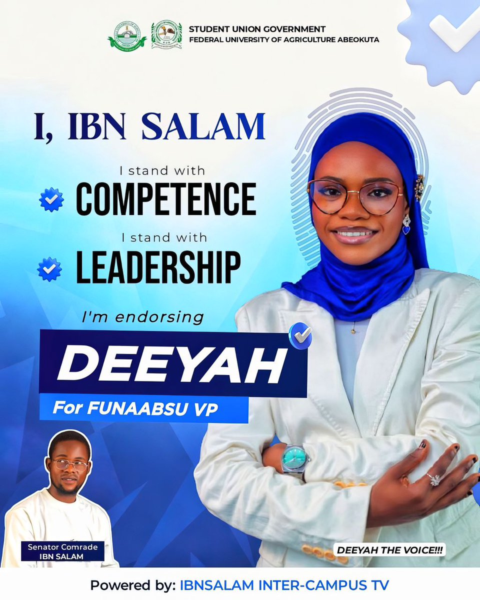 officialarridoh's tweet photo. Leadership is not about influence, it’s about impact.
Competence is not a promise, it’s a proven track record.
That’s why we are confidently endorsing DEEYAH for FUNAABSU Vice President.
Vote wisely. Vote competence. Vote DEEYAH.
#FUNAABDecides

1/ https://t.co/qkK1Vft4d6