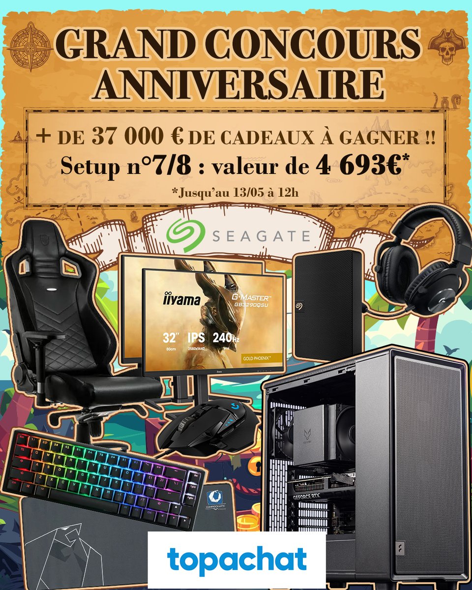 Concours 🎁 27 Ans TopAchat
🔥 + 37 000 € de cadeaux à gagner !

On continue avec le Setup 7 de 4693€ !
<a href="/Seagate/">Seagate</a> 

Pour participer :
➡ Follow <a href="/TopAchat/">TopAchat</a>
🔁 RT ce tweet
💬 Dis ce que tu préfères en commentaire avec #27AnsTopAchat
🔖 Save ce post pour retrouver facilement