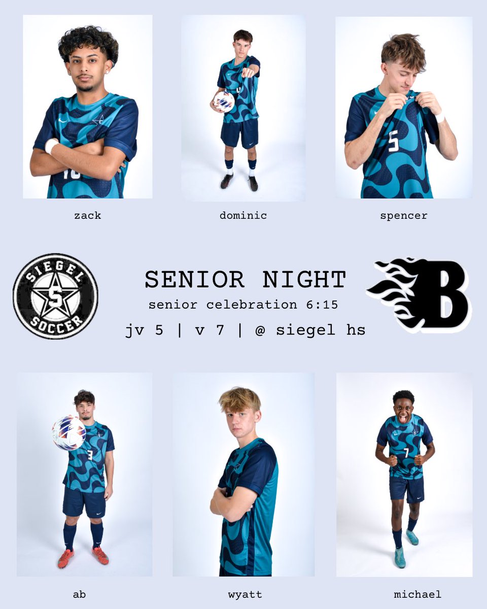 SiegelFutbol's tweet photo. ⭐️ SENIOR NIGHT ⭐️ 
Come out and support these 6 seniors who have given it all for Siegel!
Senior Ceremony will immediately follow the JV game! https://t.co/nJF4FO6cN5