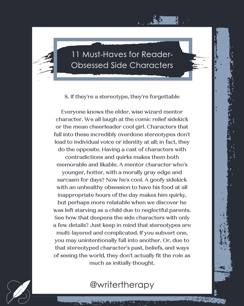 WriterTherapy's tweet image. Stereotypes aren't essentially wrong, per-say, but they're...Well, they're a stereotype. And in today's market? We need individuals, not cook-cutter versions of the mentor. 
#WriterTherapy #WritingAdvice #EditorialServices