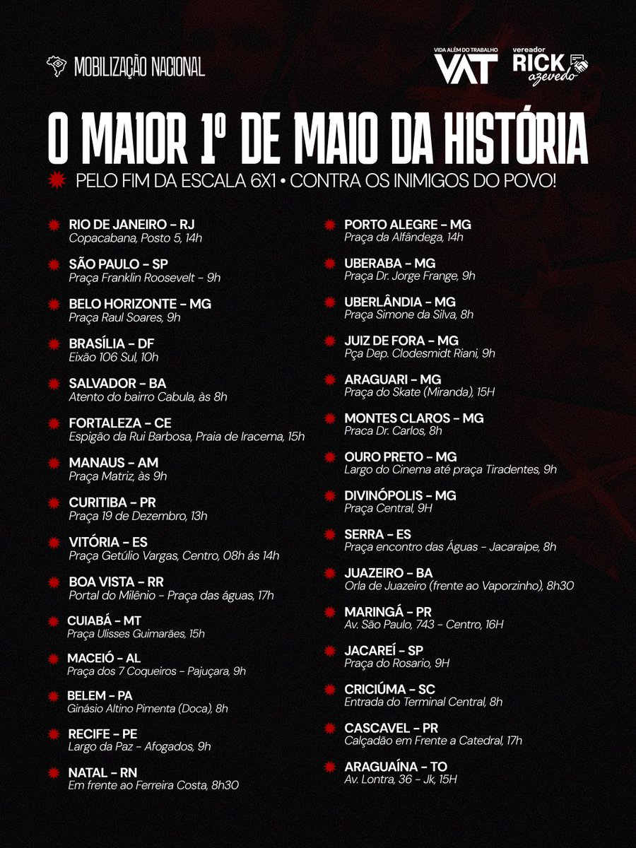 🚨1º DE MAIO NAS RUAS! Seguem todos os locais com atos confirmados pelo FIM DA ESCALA 6X1 até agora. Quem estará na luta comigo e o <a href="/movimento_vat/">MOVIMENTO VAT</a>?