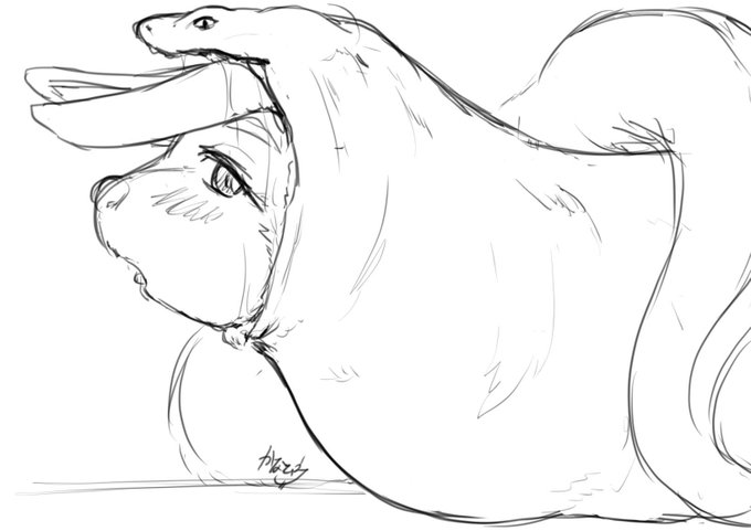 兎っ子の丸呑み絵とついでに別のケモお姉さんの丸呑み落書きの再UP〜 蛇に飲まれるケモさんだとマズルだけ最後残るのが良いんだよね