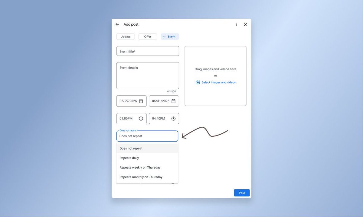 hitectony's tweet image. Boost your business!  Complete profiles attract 70% more location visits. Use our new "Repeat" feature for recurring events like trivia nights! Just set the frequency, and we’ll handle the updates. Stay connected effortlessly! #BusinessGrowth #CustomerEngagement