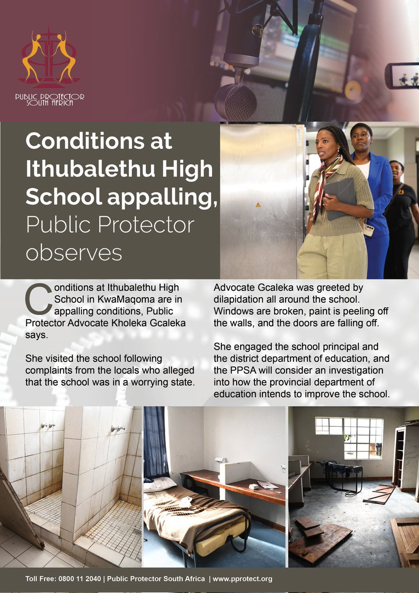 PublicProtector's tweet image. Conditions at Ithubalethu High School in KwaMaqoma are in appauling conditions, Public Protector Advocate Kholeka Gcaleka says. 

#ethics #education #outreach #integrity #impact