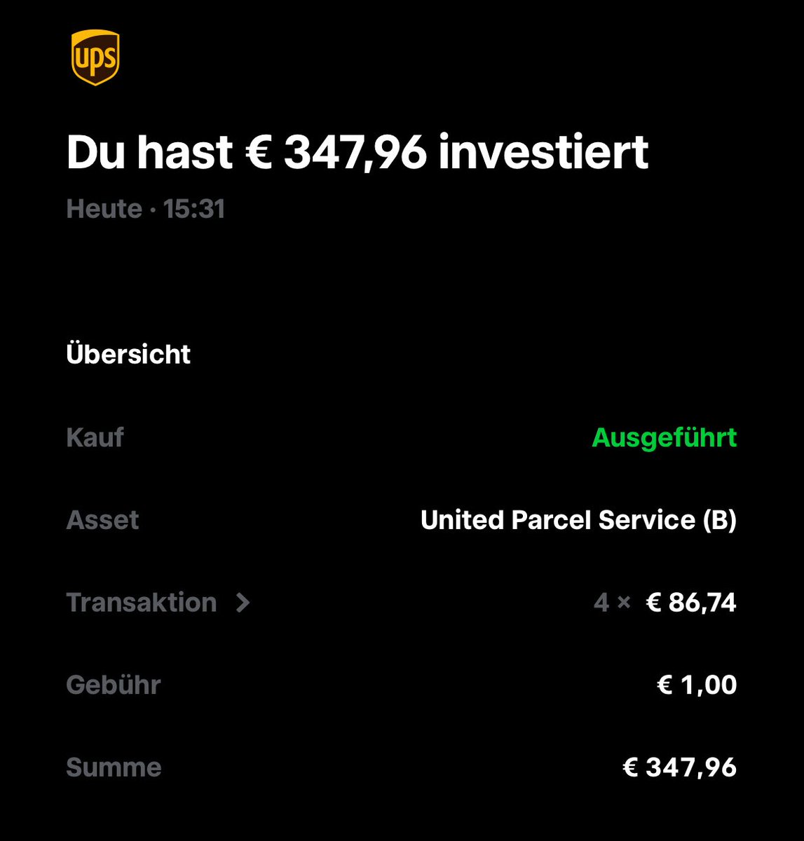 DividendenZuMir's tweet image. Das war mein bester #UPS Kauf heute - mal sehen, obs heute noch einmal unter 87€ geht (aktueller Kurs 88€).

Wollte meine Position zwar noch weiter aufstocken, aber als ich mir mehr Geld auf mein TR Konto überwiesen hatte, war der Kurs schon wieder bei knapp 88€…

Da würde