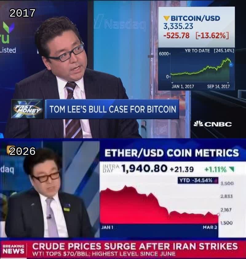 CoHustler6969's tweet photo. A little history reminder.

In 2017, Tom Lee went on CNBC and made the bull case for Bitcoin at $3,335.

Wall Street laughed. Mainstream media mocked him. "Magic internet money" they said. Even crypto natives doubted a suit could understand what they were building.

Tom Lee didn't flinch.

While others chased narratives, he studied fundamentals. While talking heads flip-flopped with every red candle, he held his conviction through drawdowns that would break most analysts.

BTC hit $20k that December. Then $69k. Then $100k+.

The man who was "crazy" became the man who was right.

Now in 2026, Tom Lee is back on CNBC. Same conviction. Same patience. Same vision.

This time it's Ethereum at $1,940.

Some will laugh again. Some will dismiss him again.

And in a few years, some will wish they had listened.

Thank you @fundstrat for having the courage to be early and the patience to be proven right. True conviction is rare. Respect. 🫡