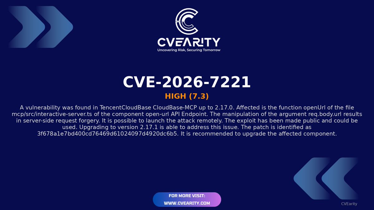 CVEarity's tweet image. ⚡ New CVE Alert: CVE-2026-7221
📊 Severity: 7.3
🚨 Risk Level: High
🧩 Affects: Multiple / Unspecified Products

Reference: nvd.nist.gov/vuln/detail/CV…

#CVE-2026-7221 #CVE #High  #CyberSecurity #InfoSec