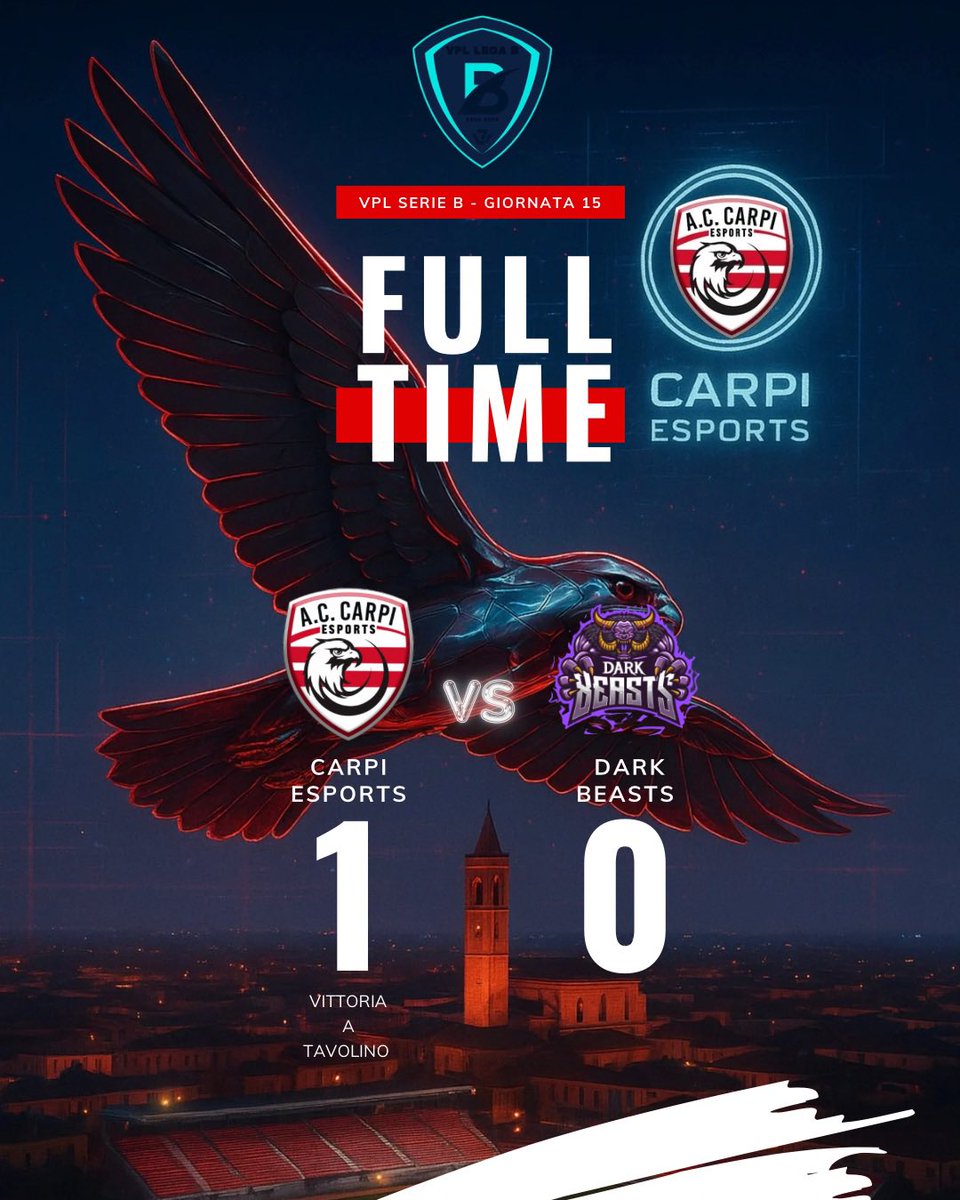 Carpi_Esports's tweet photo. 🔴FULL TIME⚪

🏆 @FVPA_net C  
Carpi Esports 3 🆚 1 Mapi Football ✅  

🏆 @eLUDO_official C  
Carpi Esports 0 🆚 1 Lecco Esports ❌  

🏆 @VPGItaly D  
ASD Grifone Esports 1 🆚 1 Carpi Esports ⚖️  

🏆 @VPLItaly B  
Carpi Esports 1 🆚 0 Dark Beasts ✅ (vittoria a tavolino) https://t.co/qh6rrMupwS