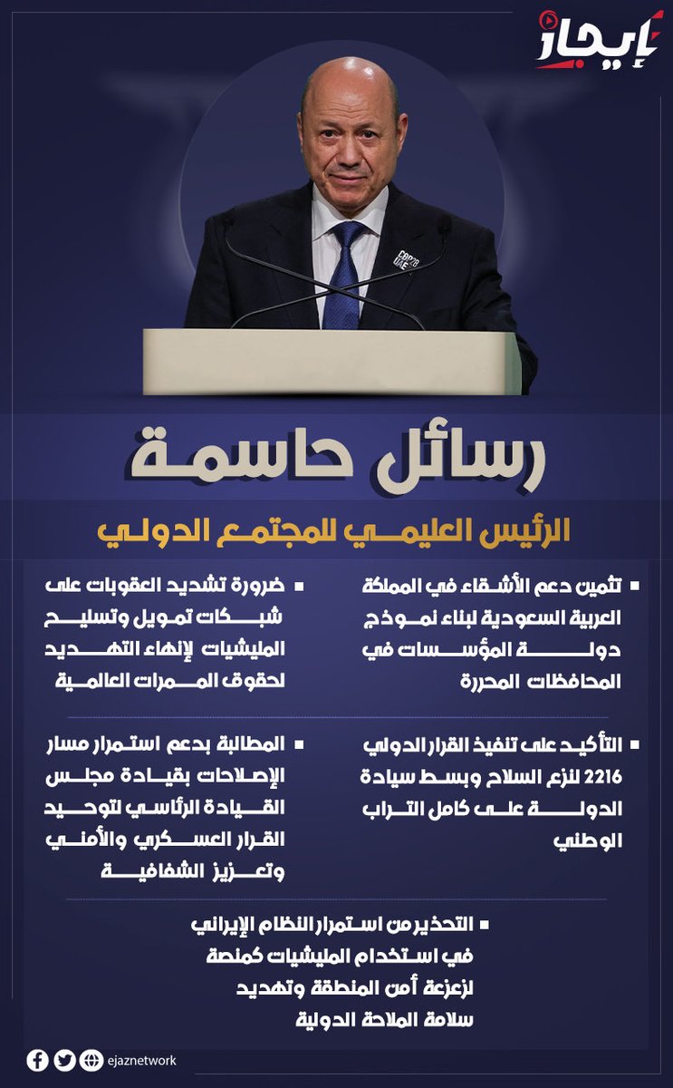 ejaznetwork's tweet photo. 🔴 رسائل حاسمة للرئيس رشاد العليمي إلى المجتمع الدولي.
#شبكة_إيجاز https://t.co/ZGyNsvLF06