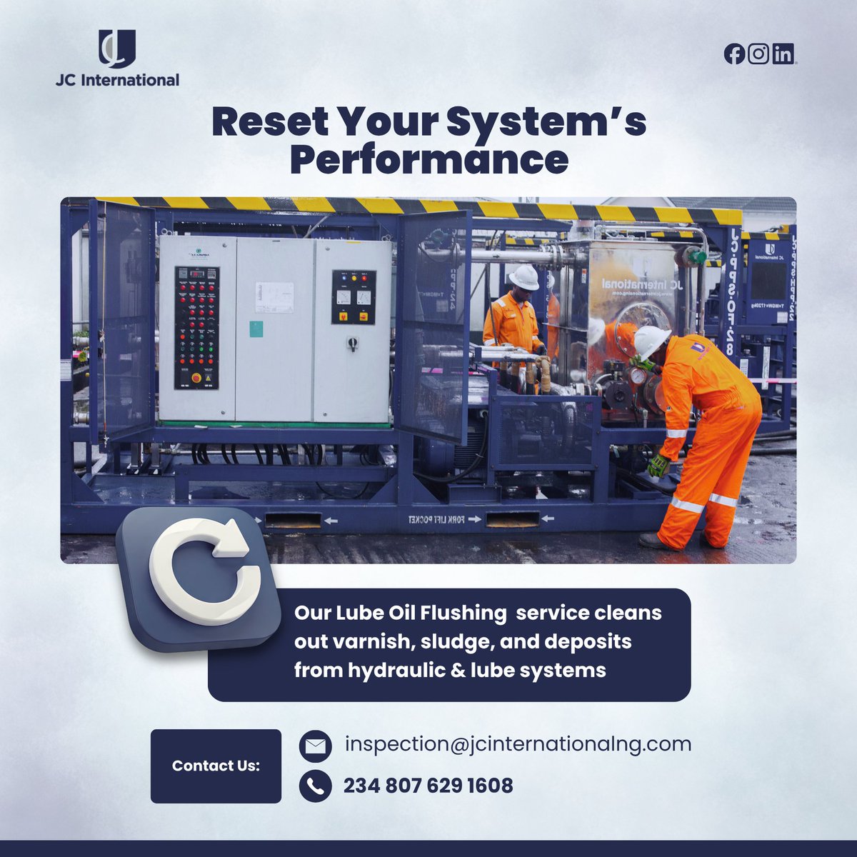jcinterng's tweet photo. At #JCInternational, our #LubeOilFlushing Service is designed to restore system performance by removing contaminants that cause downtime, overheating, and equipment failure.
Keep your operations running cleaner and safer
📧 inspection@jcinternationalng.com
📞 +234 807 629 1608 https://t.co/3Lbietv8e1