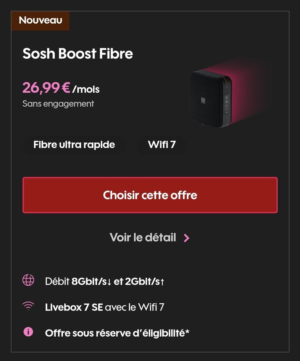 🟧 Sosh sort les bras sur la Fibre avec "Boost Fibre". Pour 1€ de + que la Pure Fibre de Bouygues, c'est 1 gb/s d'upload en + et la fibre Orange (jugée meilleure selon l'Arcep, plusieurs baromètres de perfs &amp; de sondages consommateurs).
Bref maintenant, vous avez le choix 🥰