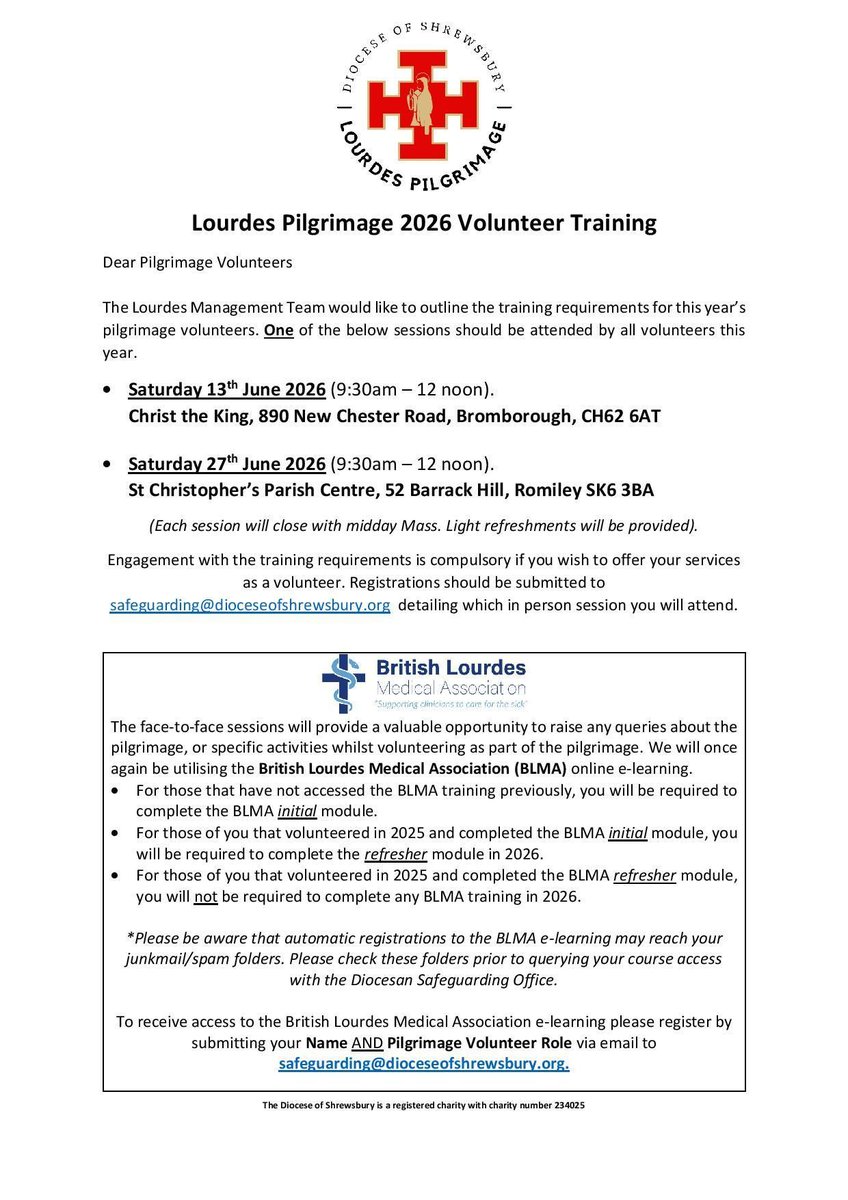 dofs_Lourdes's tweet image. 📅Save the date!
Adult Volunteers are required to attend one of the training sessions listed.
Each session will begin at 9.30 am and conclude with Mass. Light refreshments will be provided.

#lourdes #training #volunteers #help #support