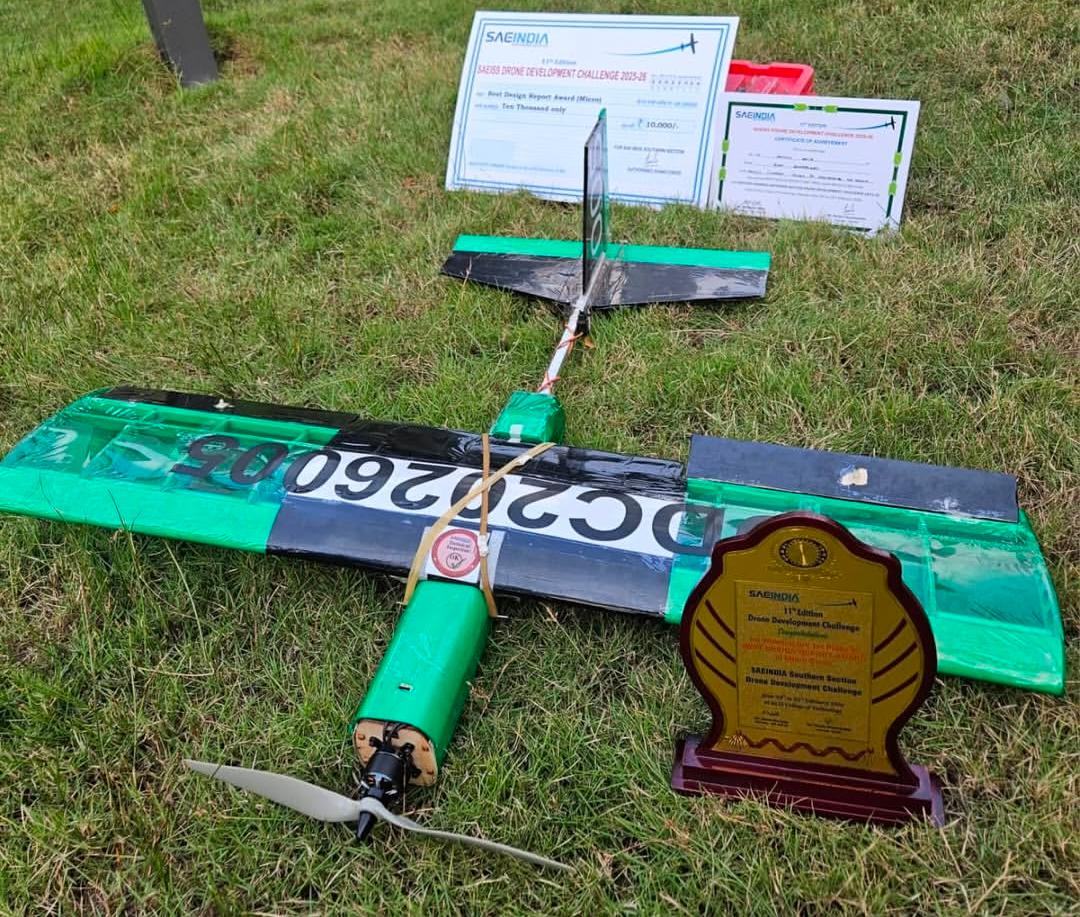 CumminsCollege's tweet photo. We are pleased to announce college team – Team Bharadwaj Aero participated in the SAE Drone Development Challenge 2026, securing notable ranks among teams from across India:

AIR 1 -in Technical Design Report
AIR 10 - Overall in the Micro Class Category https://t.co/Rm49kggZjI
