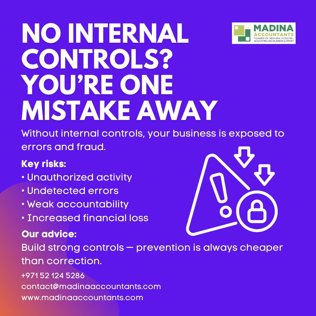 digiacountants's tweet image. No internal controls?
One mistake is all it takes.
Errors, fraud, and losses follow.
+971 52 124 5286
contact@madinaaccountants.com
madinaaccountants.com
#InternalControls #BusinessRisk #CorporateGovernance #BusinessProtection #MadinaAccountants