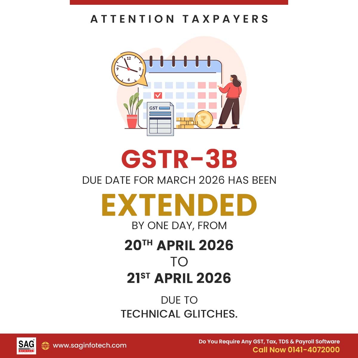 SagInfoTech's tweet image. Due Date Alert: Final hours left to file your GSTR-3B for March 2026—don’t wait till the last minute! 
File with GenGST: bit.ly/34Ln7nC

#GSTR3B #GST #HurryUp #TaxDeadline #FileNow #IndiaTax #Compliance