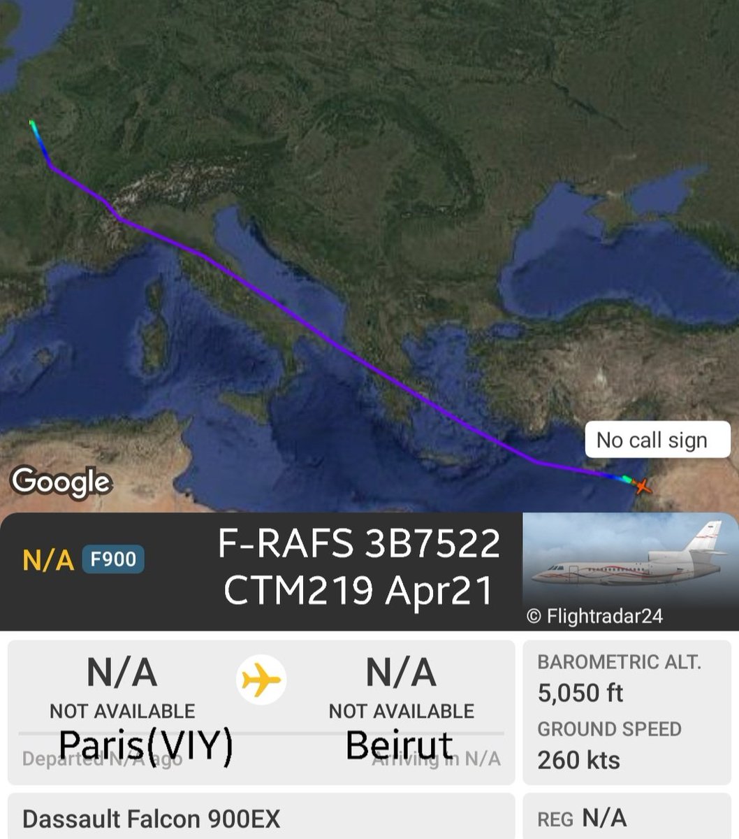 LebanonJets's tweet photo. #France AirForce Falcon900 #FRAFS #3B7522 into #Beirut from Paris(VIY) as #CTM219 hidden from tracking though not invisible anymore as last trip in Jan2025 for this jet
@CotamFleet @FlottePresident @FrenchTrackers https://t.co/idVdAQoMpB