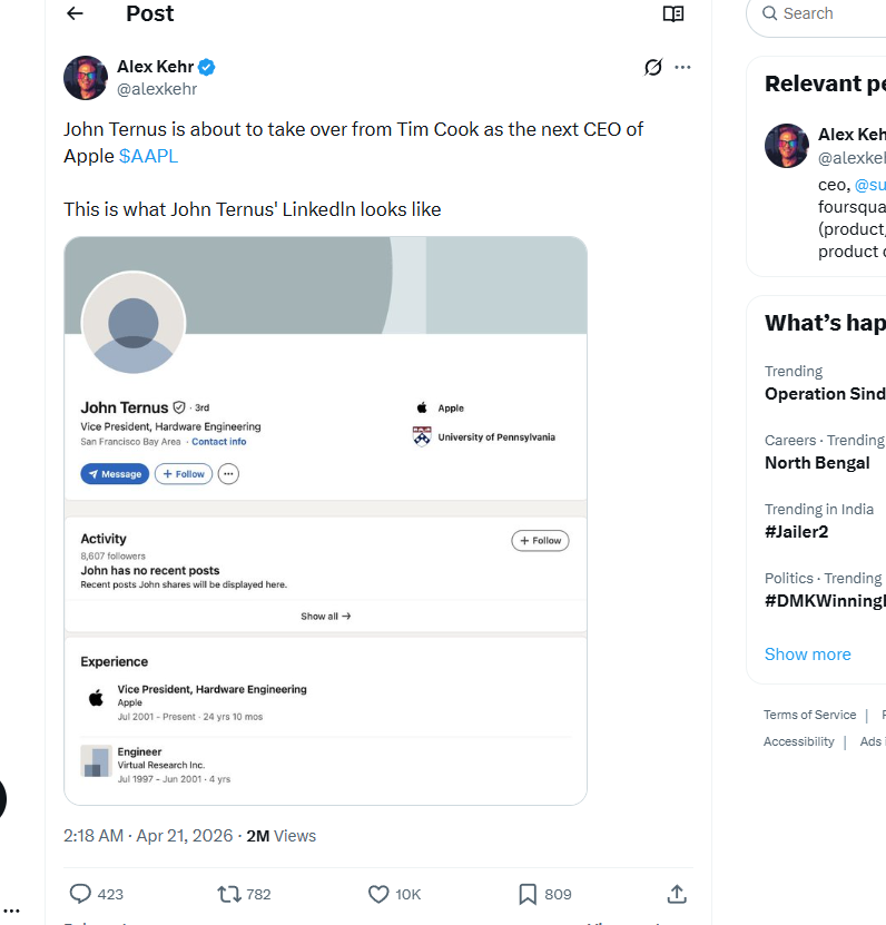 SharavArora's tweet image. 🚨🚨🚨🚨BREAKING NEWS 🚨🚨🚨🚨
Apple appoints John Giannandrea as new CEO
John Giannandrea, Apple's Senior Vice President with 25 years at the company, was named the new CEO in an internal promotion. $AAPL @Apple 
#trending #breakingnews #foryou #newsicly #apple #products