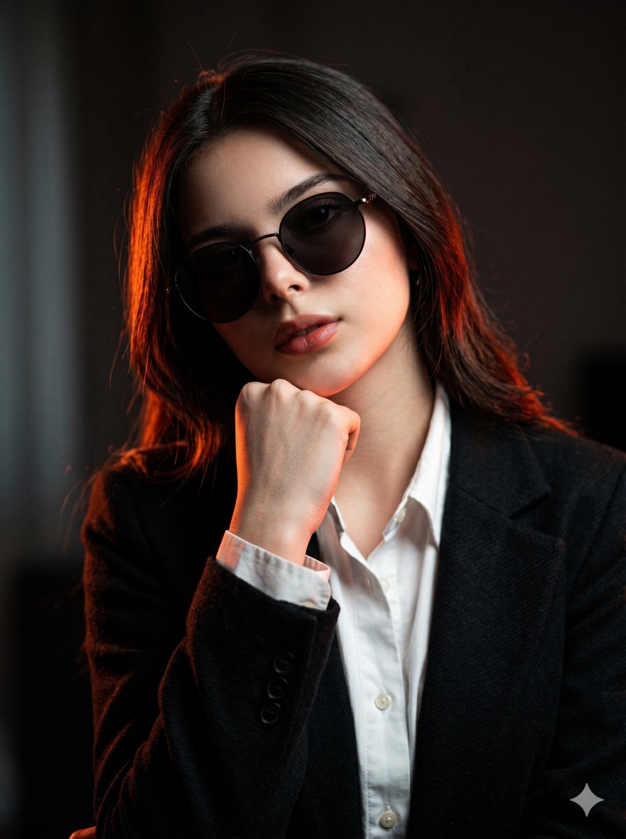 Nano Banana 2 on Gemini.

Prompt: A hyper-realistic cinematic portrait of a beautiful woman in the uploaded image. She is wearing dark round sunglasses and a textured black blazer over a slightly unbuttoned dress shirt. Pose: She is looking slightly downward toward the camera,
