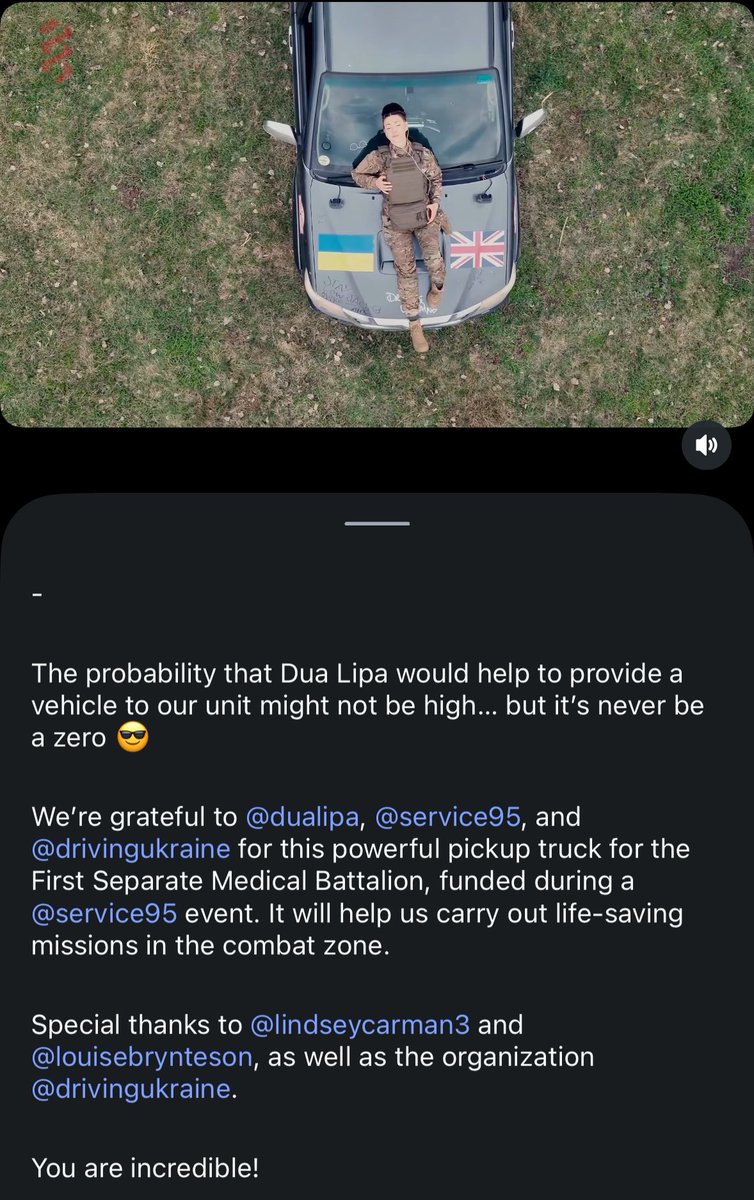 kvituchalia's tweet photo. Dua Lipa purchased a vehicle for Ukrainian frontline medics battalion SEE WHEN YOU ARE MOTHER!!!!!

@DUALIPA thank you for your unwavering support of Ukraine, always ❤️‍🩹❤️‍🩹❤️‍🩹 https://t.co/ZxjsYwSTmC