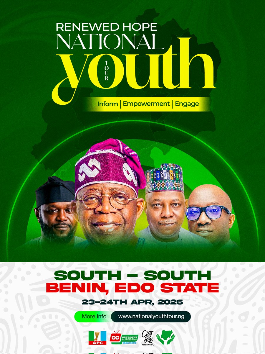 ImaAkpanAkpan's tweet image. The Stage Is Set for a Progressive Converge of Young Minds as The Renewed Hope National Youth Tour berths in Edo State, 23rd - 24th April, 2026.

It promises to be Moments of Invigoration, Empowerment of young voices to drive national impact.

#RenewedHope #Edo2026 #YouthInAction
