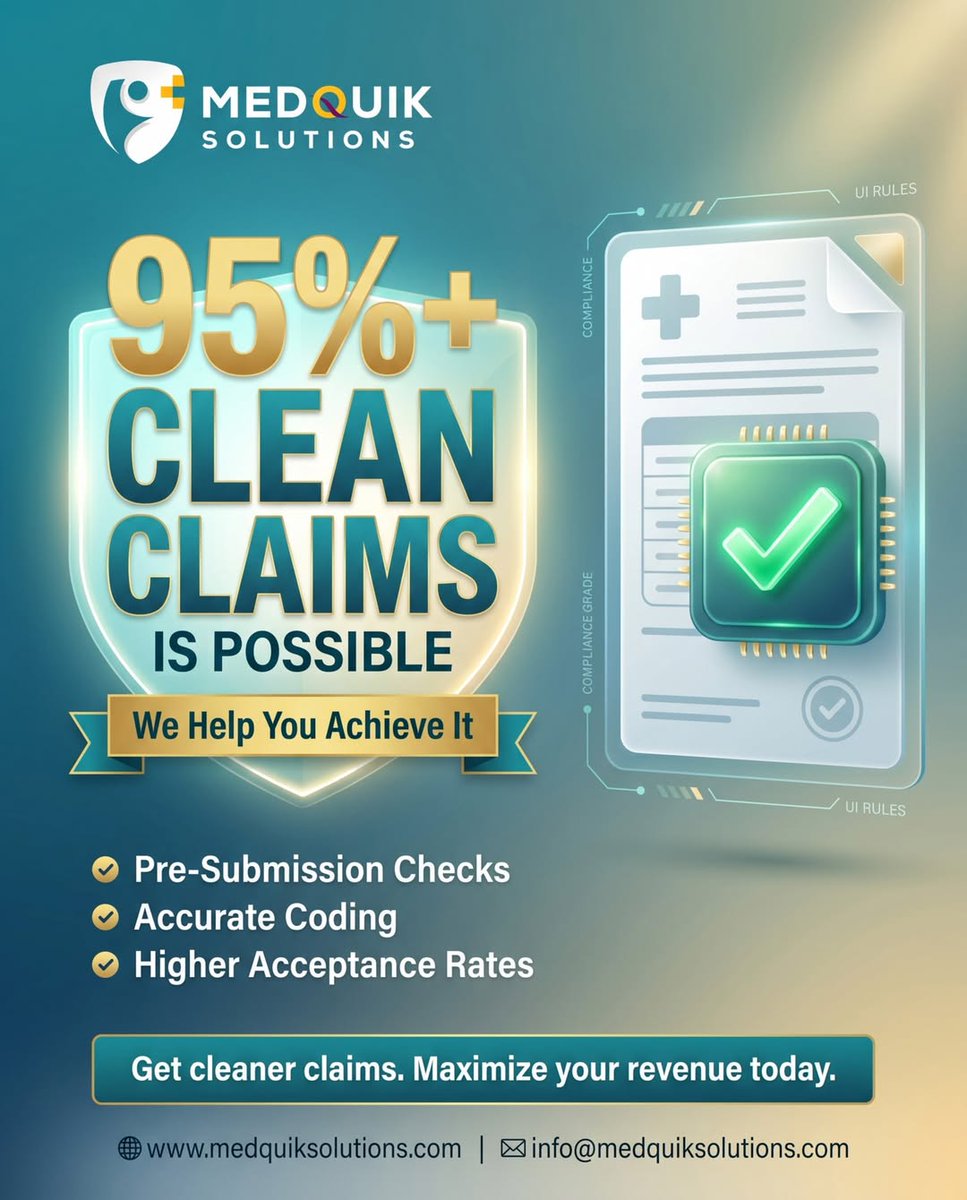 MedQuiksolution's tweet image. High clean claim rate = fewer denials &amp;amp; faster payments. MedQuik ensures accurate, submission-ready claims—boost acceptance rates today. 📈
🌐medquiksolutions.com
#MedQuikSolutions #CleanClaims #RevenueCycleManagement #MedicalBilling #DenialPrevention #HealthcareRevenue