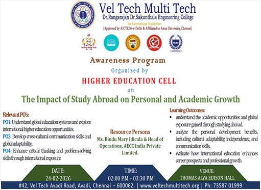 VelMultitech99's tweet photo. The Higher Education Cell of #VelTech #MultiTech organized an awareness program on 24 Feb 2026, highlighting the impact of studying abroad on academic growth, global opportunities, cross-cultural skills, and critical thinking. Ms. Bindu Mary Idicula of AECC India shared valuable https://t.co/YjaF9hIEfY