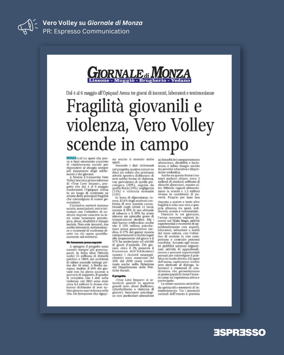Fragilità giovanili, disagio social, abusi e disabilità: Vero Volley scende in campo con il progetto “True Love Impact”, in programma dal 4 al 6 maggio all’Opiquad Arena di Monza. Ne abbiamo parlato sul <a href="/GiornalediMonza/">Giornale di Monza</a>.
.
PR: <a href="/espressocommpr/">Espresso Communication</a> 
.
#pr #mediarelations #sport