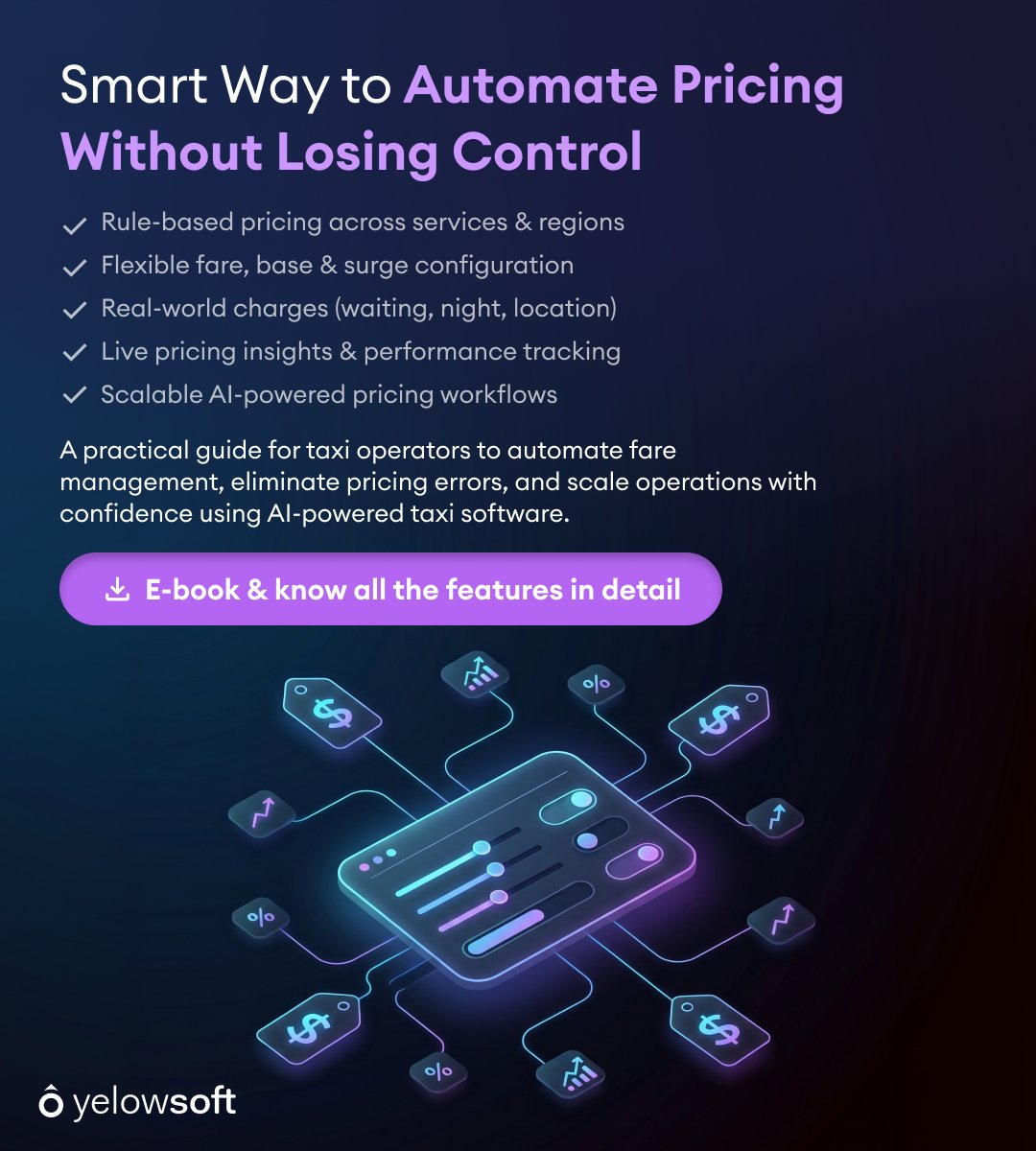 Pricing mistakes cost margins &amp; customers.

Manual fares don’t scale.

Automate for:
• Rule-based pricing
• Peak control
• Real-time charges
• Revenue tracking

Guide👇
 yelowsoft.com/e-book/set-up-…

#taxisoftware #pricing