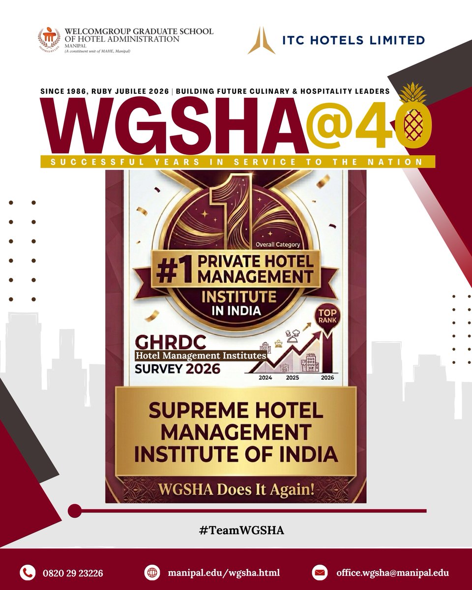 WManipal's tweet photo. WGSHA did it again!
@MAHE_Manipal  @itchotels @ITCCorpCom 
#tophotelmanagementinstitute #wgsha #mahe #manipal https://t.co/VxFxt76j2K