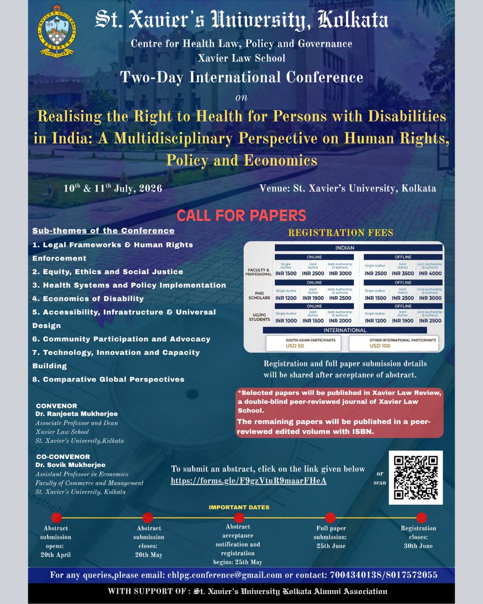 sxukolkata's tweet image. SXUK invites submissions for a 2-day International Conference on
Right to Health for Persons with Disabilities in India
📅 10th &amp;amp; 11th July 2026

📌 Abstract Deadline: 20 May 2026

✨ Publication opportunities
🔗 forms.gle/F9gzVtuR9maarF…

#CallForPapers #SXUK #Research