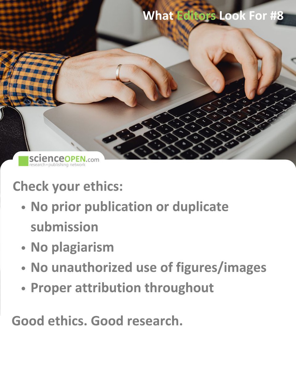 Science_Open's tweet image. Today, What Editors Look For continues with publication ethics.

Swipe through to see why ethics matter at every stage of submission.

Follow #ScienceOpen for more tips and tricks in this series.

#AcademicPublishing #PublishingTips #ScholarlyCommunication #OpenScience