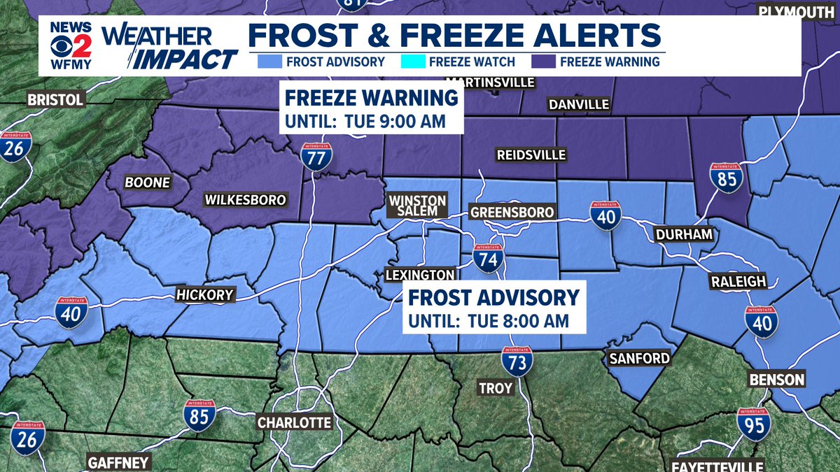 clairefrywx's tweet image. Frost advisories &amp;amp; freeze warnings will be in effect until 8 &amp;amp; 9a across the Piedmont. #chilly #cold