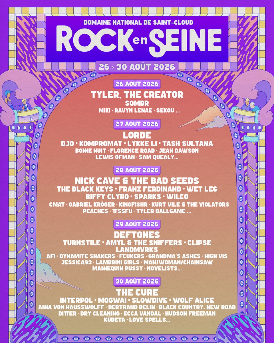 🔮✨ ROCK EN SEINE 2026 ✨🔮 
👉 LA PROGRAMMATION (PRESQUE) COMPLÈTE 👈 

La programmation quasi complète est là ! Encore quelques surprises à venir, dont les talents du Club Avant Seine 💜

🎟️ Infos &amp; billetterie : rockenseine.com/billetterie/