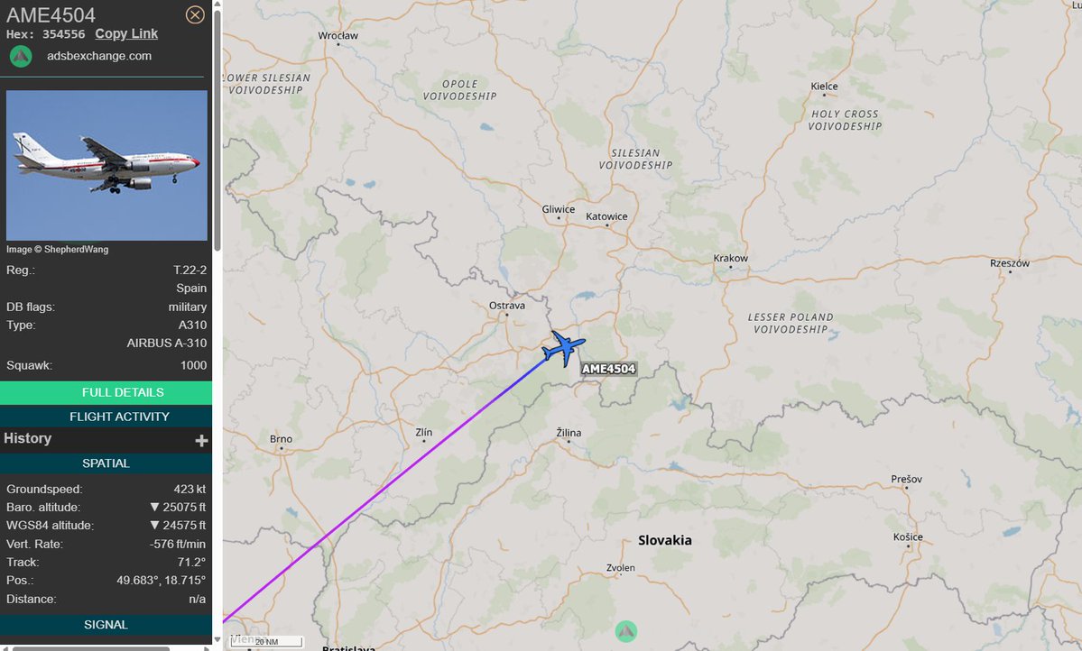 PolishMilRadar's tweet image. 📅 21.04 🕒 11:38LT - ✈️🇪🇸 A310 do Rzeszowa 🇵🇱

🇪🇸 Siły Powietrzne Hiszpanii
✈️ Airbus A310-304 "T.22-2"
🛫 Baza Lotnicza Torrejón de Ardoz #LETO 🇪🇸
🛬 Rzeszów-Jasionka #EPRZ 🇵🇱
#AME4504 zniża ↘️
🔗 globe.adsbexchange.com/?icao=354556

#POLMILRADAR