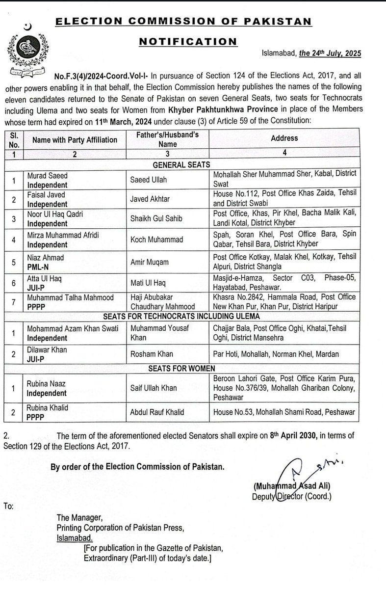 TAKM__'s tweet photo. Murad Saeed was declared the returned candidate for Senate by ECP, thereby becoming a member elected to the Senate within the meaning of Election Act. So,ECP under section 127, has rightly issued the election programme to fill the casual vacancy arising from his disqualification. https://t.co/SrM3I1oRp5
