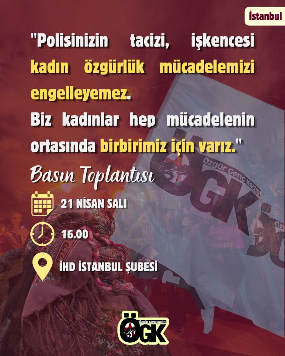 Bir süredir erkek devletin kadın özgürlük mücadelemizi çeşitli pratiklerle hedef göstermesine karşı "Polisinizin tacizi, işkencesi kadın özgürlük mücadelemizi engelleyemez. Biz kadınlar hep mücadelenin ortasında birbirimiz için varız." diyor; İHD İstanbul Şubesi'nde basın