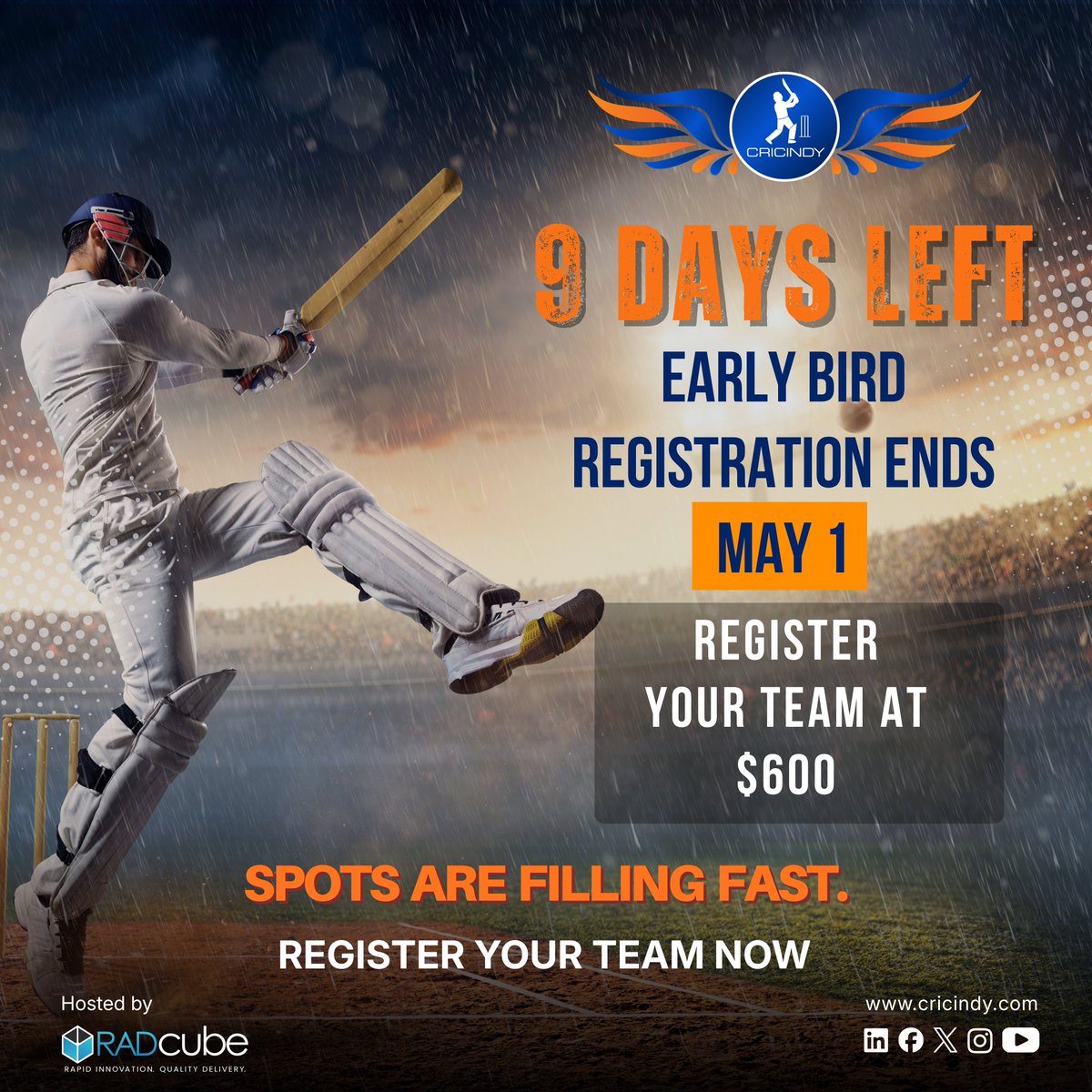 Cricindy2's tweet image. 🔥 Only 9 days left!

Early bird for CricIndy 2026 ends May 1. 
Register now at $600 and save $200.

📅 Aug 22, 2026
📍 Grand Park, Westfield
Spots filling fast 👉 cricindy.com/registration-t…

#CricIndy2026 #EarlyBird #RegisterNow #CorporateCricket