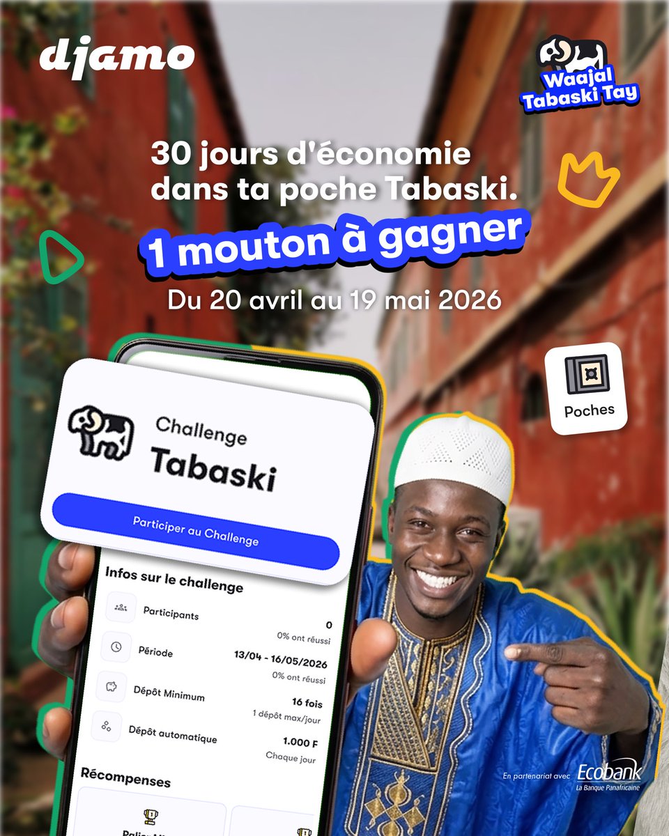 30 jours. Une poche . Zéro retrait . Un mouton 🐑

Tu économises dans ta poche Tabaski, tu ne retires rien du 20 avril au 19 mai pour tenter de gagner un mouton et d'autres lots. 

Prêt à relever le Challenge TABASKI ? 😎
#LeegiDjamoLë