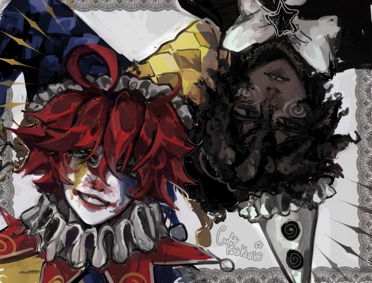 cutekokoro_030's tweet image. The duo ever 
Cackle and grayscale (ocs belong to my friend beemo I just draw them for her) 
#jester #pierrot #originalcharacter #oc