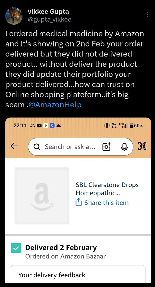 gupta_vikkee's tweet image. Already ordered some medicine from Amazon they did not delivered my product and their app showing your order already delivered..so plz don't trust on online shopping plateform..Only but offline market ..@amazon #jagograhakjago #alert #scam #onlineshopping