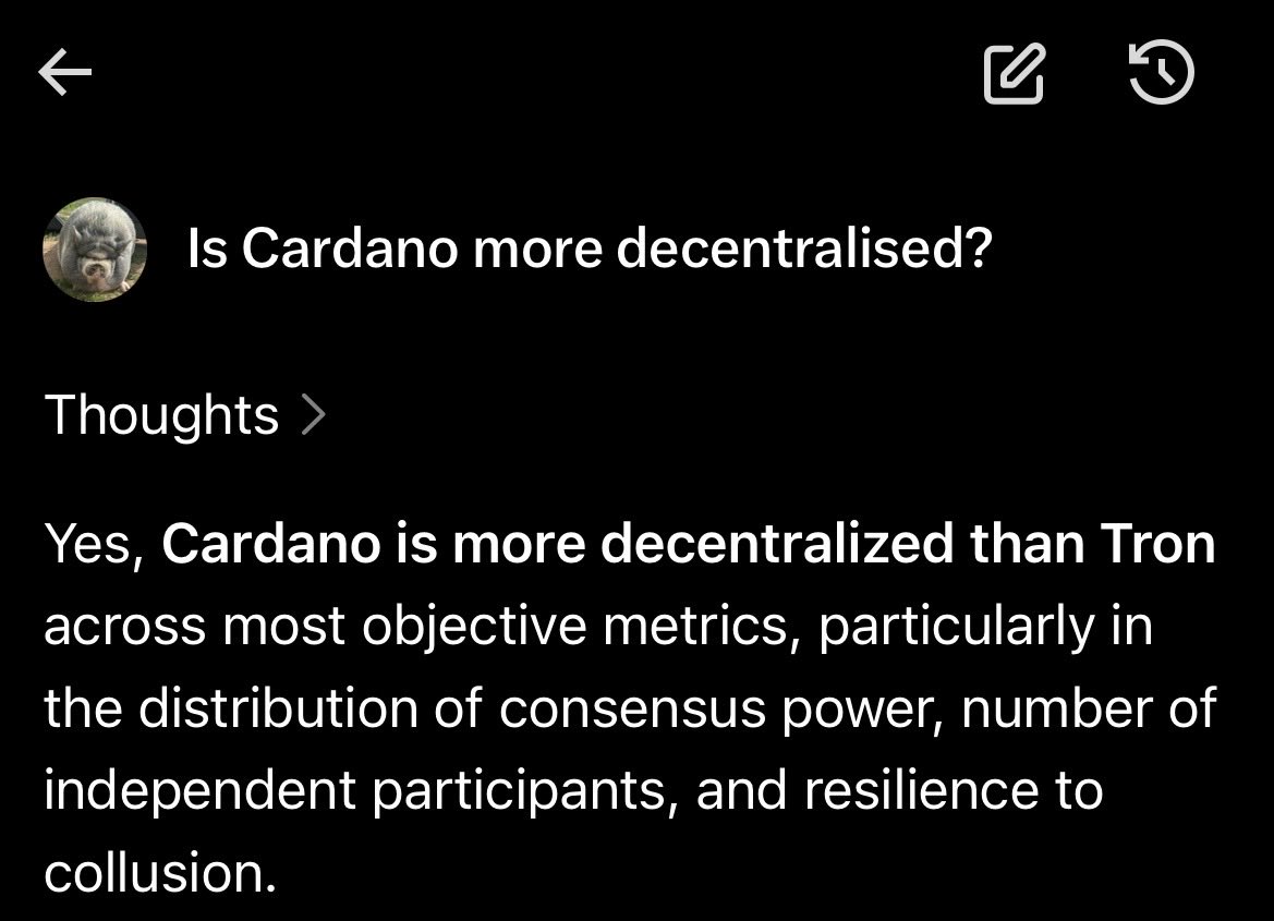 CardanoBoyADA's tweet photo. @justinsuntron Is Cardano $ADA more decentralised than Tron? @grok https://t.co/RaStgdbuwi