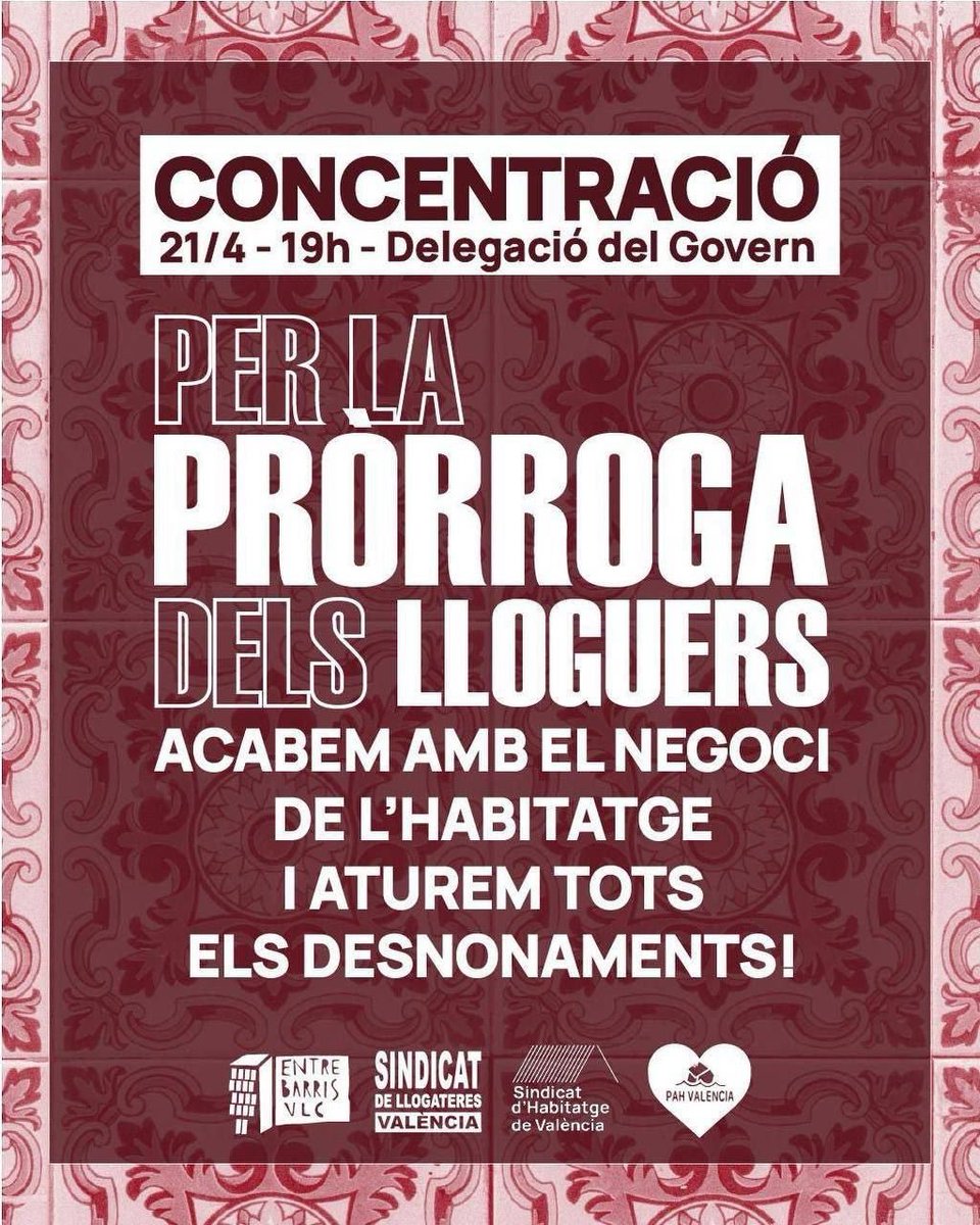 jase9956's tweet photo. #CONCENTRACIÓ

Hui a les 19h ens concentrem a Delegació del Govern (Plaça del Temple, 1) per exigir la convalidació del Reial Decret Llei 8/2026 sobre la pròrroga de lloguers.

Acabem amb el negoci de l'habitatge!

Aturem tots els desnonaments!

✊🏻🔥 https://t.co/1DsusrsiA0