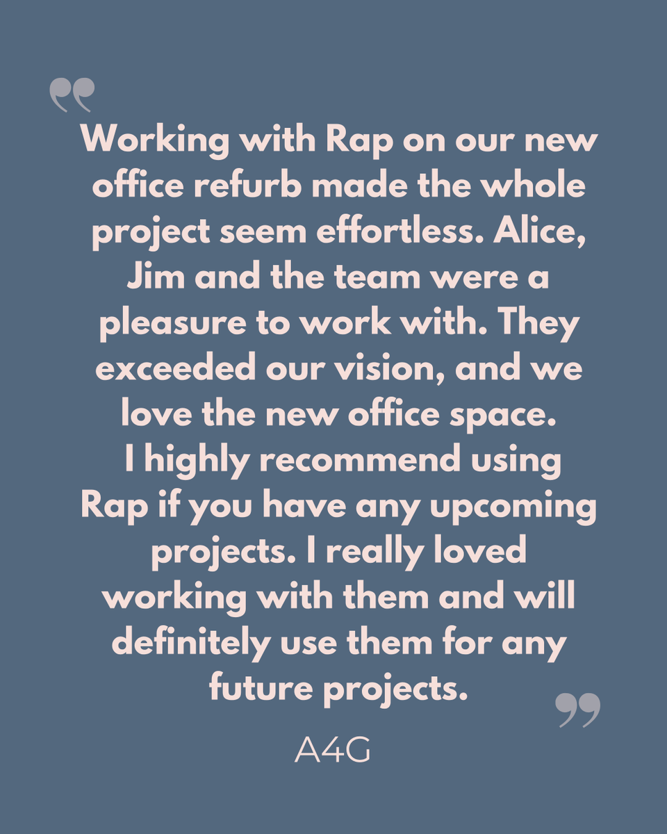 Rap_Interiors's tweet photo. Another happy client 🙌

We love bringing our clients’ visions to life and creating spaces they’re proud of. We’re glad to have built a fantastic relationship with A4G and look forward to continuing to work together.

See more here 🌟 https://t.co/T3IXhjuu6x

#OfficeRefurbishment https://t.co/FybceyR3kx