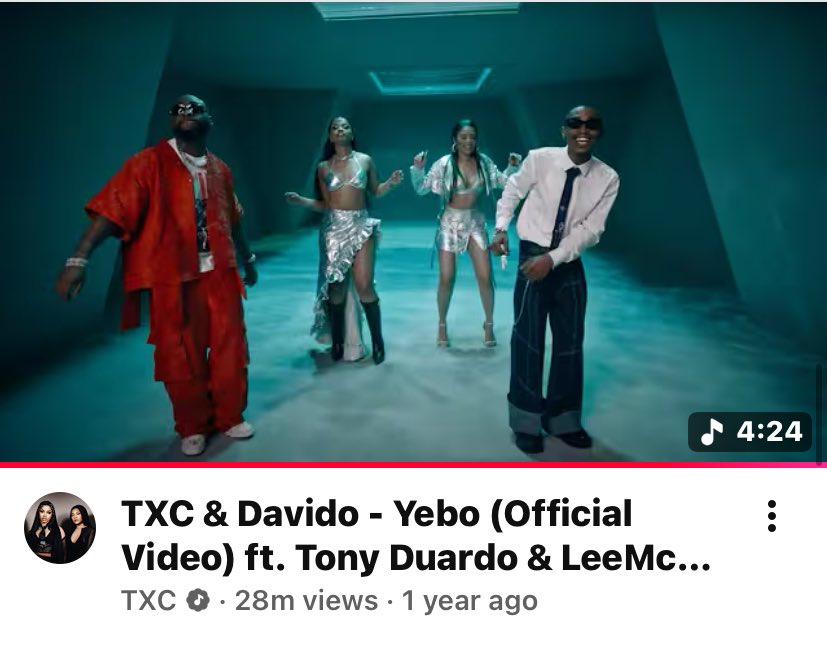 Txc Yebo ft. Davido music video surpass 28M views on YouTube 🔥🔥. Road to 30M🔥🔥