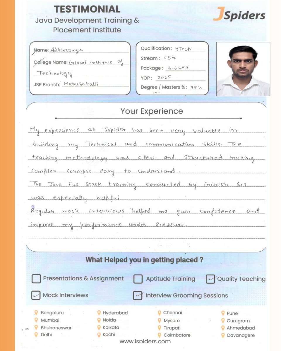 JspMarathahalli's tweet image. Congratulations ABHIMANYU on your achievement! 🎉
.
.

#jspidersmarathahalli #placementsuccess #congratulations #careergrowth #freshersjobs #itjobs #successstory