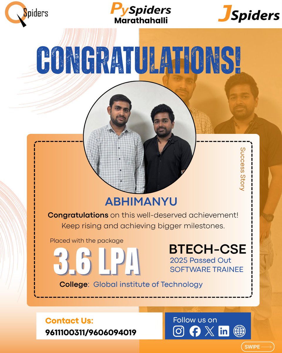 JspMarathahalli's tweet image. Congratulations ABHIMANYU on your achievement! 🎉
.
.

#jspidersmarathahalli #placementsuccess #congratulations #careergrowth #freshersjobs #itjobs #successstory